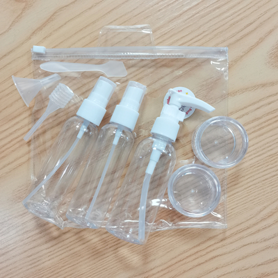Bolsa de lavado de PVC personalizada con embudo cuentagotas de cuchara de bomba para botella de espray de viaje con tarro de crema